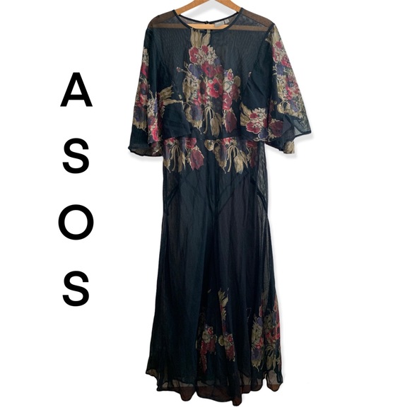 ASOS Maxi Mesh Evening Gown Dramatic Floral Print Bias Cut Trumpet Skirt 16 - Picture 2 of 7